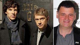 Steven Moffat (r) next to a still depicting Sherlock stars Benedict Cumberbatch and Martin Freeman