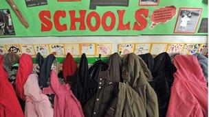 Schoolchildren's coats hanging up on pegs