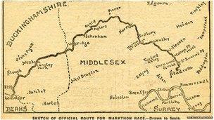 Sketch showing the official route of the 1908 Olympic marathon, from the Royal Box at Windsor Castle to the stadium at White City