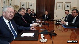 Greek political leaders at a meeting in Athens on 15 May