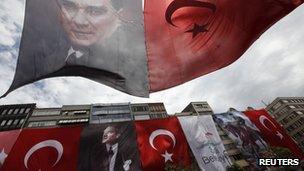 Halaskargazi street is decorated with huge Turkish flags and portraits of Mustafa Kemal Ataturk, ahead of Youth and Sports Day in central Istanbul May 16, 2012