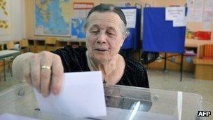 A Greek lady casting her vote, 6 May 2012