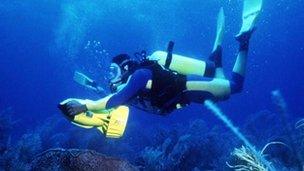 Scuba diver exploring the sea waters of Barbados