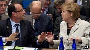 Francois Hollande and Angela Merkel at the Nato summit in Chicago, 21 May 2012