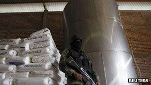 Soldier stands guard at at a clandestine drug processing laboratory discovered in Zapotlanejo, on the outskirts of Guadalajara