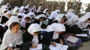 Young female students during a class lesson at a school in Kabul, Afghanistan