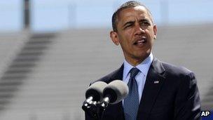 US President Barack Obama gives a speech in Colorado Springs, Colorado 23 May 2012