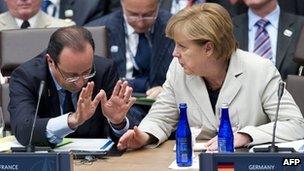 French President Francois Hollande and German Chancellor Angela Merkel at the Nato summit, Chicago Illinois 21 May 2012