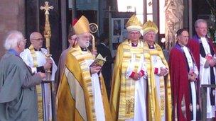 The Archbishop of Canterbury, the Bishop of Coventry outside Coventry Cathedral