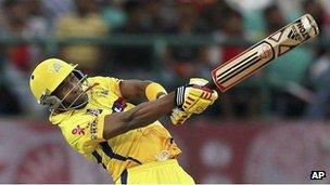 Chennai Super Kings" Dwayne Bravo bats during an Indian Premier League cricket match against Kings XI Punjab in Dharmsala, India, Thursday, May 17, 2012.