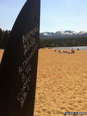 Board showing temperatures at Loch Morlich, near Aviemore