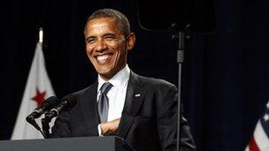 US President Barack Obama delivers a speech at Redwood City, California 23 May 2012