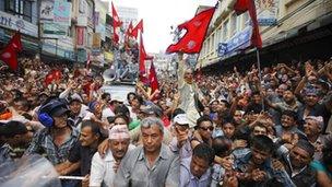 Members of the Brahmin-Chhetri Society protest near the constitution assembly building against federalism in Kathmandu