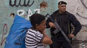 Police officer patrolling in the Alemao shantytown