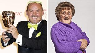 Brendan O'Carroll at the Bafta Awards (left) and in Mrs Brown's Boys