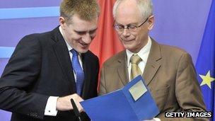 EU president Herman Van Rompuy (L) and Montenegro's Prime Minister Igor Luksic