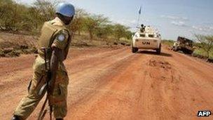 UN peacekeepers patrolling the Todach area, north of Abyei, on 30 May 2011