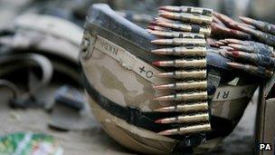 A British soldier's helmet and bullets in Afghanistan, 2007