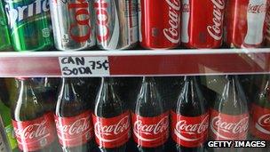 Soft drinks on the shelves of a shop in Illinois, US