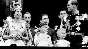 Queen Elizabeth II and the Duke of Edinburgh with members of the Royal Family on the balcony at Buckingham Palace after her Coronation at Westminster Abbey on 2 June 1953