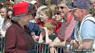 Royal visit 2005: Queen Elizabeth talking to the crowd in Guernsey