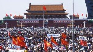 Students protesting in Tiananmen Square, May 1989