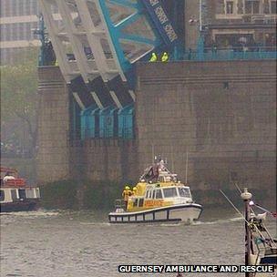 Guernsey marine ambulance Flying Christine III passing Tower Bridge as part of the Diamond Jubilee Pageant