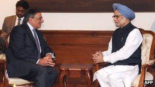 In this handout photograph released by the Press Information Bureau, US Secretary of Defense Leon Panetta (L) attends a meeting with Indian Prime Minister Manmohan Singh at