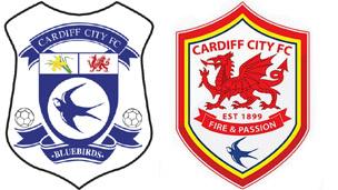 The old and new club logos, with the bluebird and dragon changing prominence