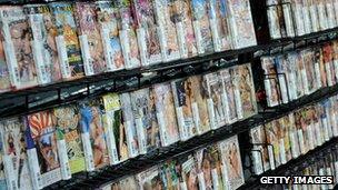 Shelves of pornography DVDs