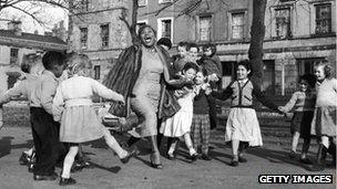 Sister Rosetta Tharpe with children in Tiger Bay, now Cardiff Bay in 1957