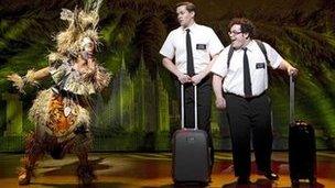 Rema Webb, Andrew Rannells and Josh Gad in the Broadway production of The Book of Mormon