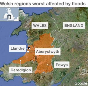 Map of areas affected by flooding