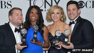 Tony Awards, from left, James Corden, Audra McDonald, Nina Arianda and Steve Kazee