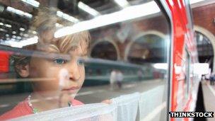 Girl looking through train window