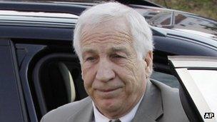 Jerry Sandusky arrives at the courthouse in Bellefonte, Pennsylvania 11 June 2012