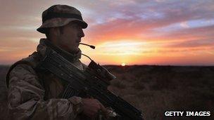 Silhouette of British soldier on patrol