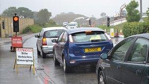 Traffic lights outside the entrance to Guernsey Airport