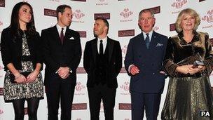 The Prince of Wales and The Duchess of Cornwall and The Duke and Duchess of Cambridge with Gary Barlow