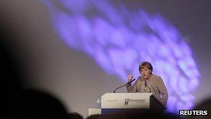 German Chancellor Angela Merkel addressing her Christian Democratic Union party in Berlin, 12 June