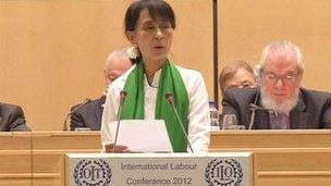 Aung San Suu Kyi addresses the ILO in Geneva