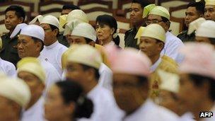 File photo: Ms Suu Kyi being sworn in at Burma's parliament