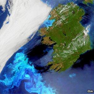 Electric blue-coloured plankton blooms swirl in the North Atlantic Ocean