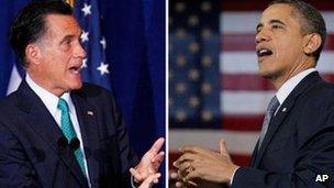 Combination picture of Mitt Romney and Barack Obama giving speeches