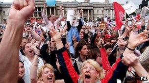 Crowds celebrating in Trafalgar Square