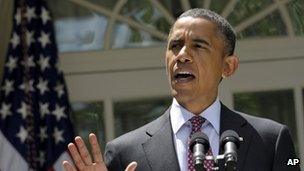 President Barack Obama speaks to reporters in the White House Rose Garden 15 June 2012