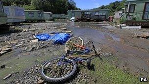 Flooding damage at a caravan site in mid Wales