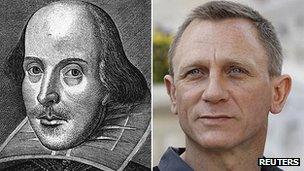 A drawing of William Shakespeare beside a photo of James Bond actor Daniel Craig