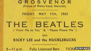 A Beatles ticket for the Grosvenor, Norwich, in 1963