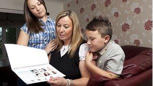 Mother with children looking at body image pack